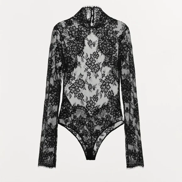ZARA Floral Eyelash Black Lace Open Back Mock Neck Bodysuit - Picture 2 of 15